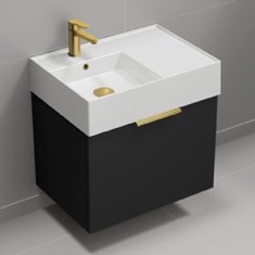24 inch Single Floating Bathroom Vanity With White Ceramic Sink Top - Small, Modern, Matte Black